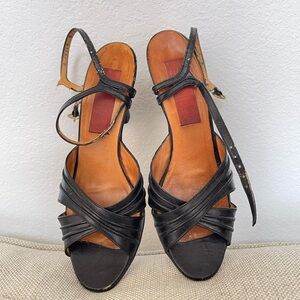 Rare Vintage Black Strappy Heels – Real Leather, Classic Kitten Heel Shape